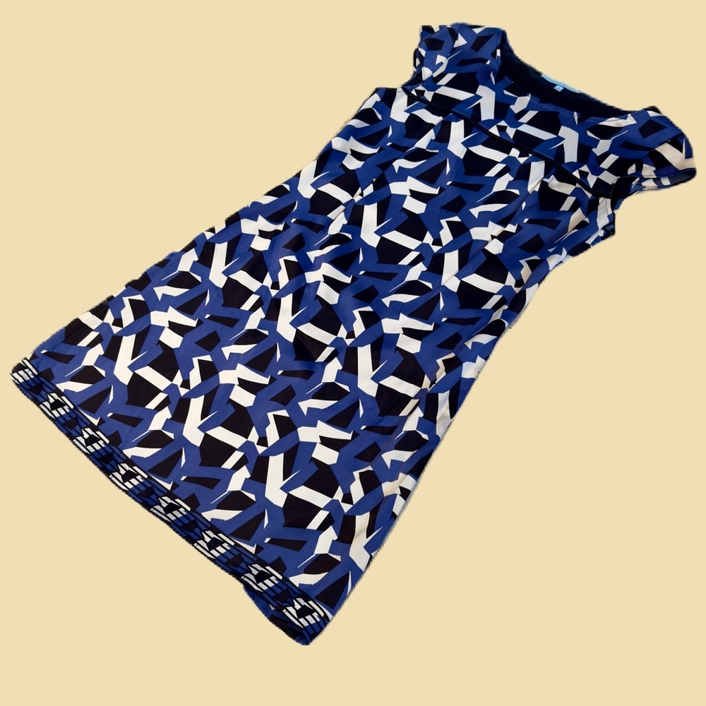 ANTONIO MELANI Blue and White 100% Silk Geometric Print Dress